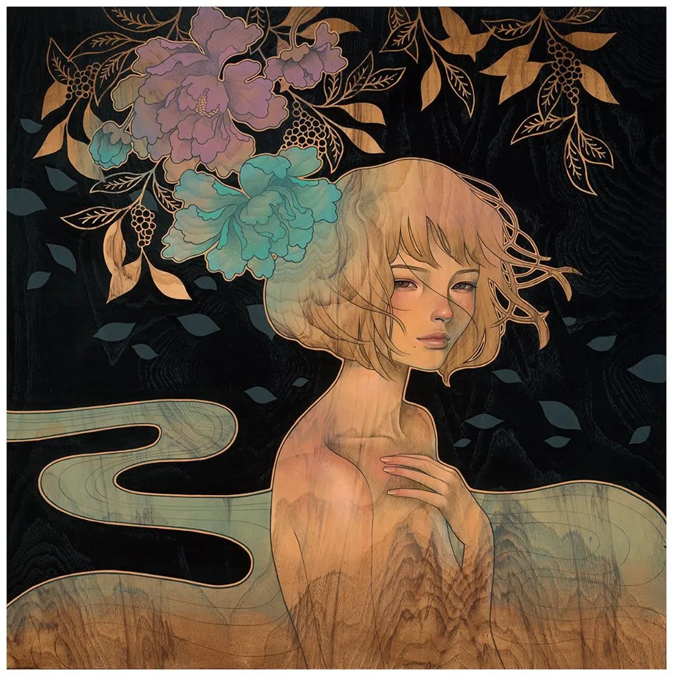 Jeune femme sur bois - Audrey Kawasaki