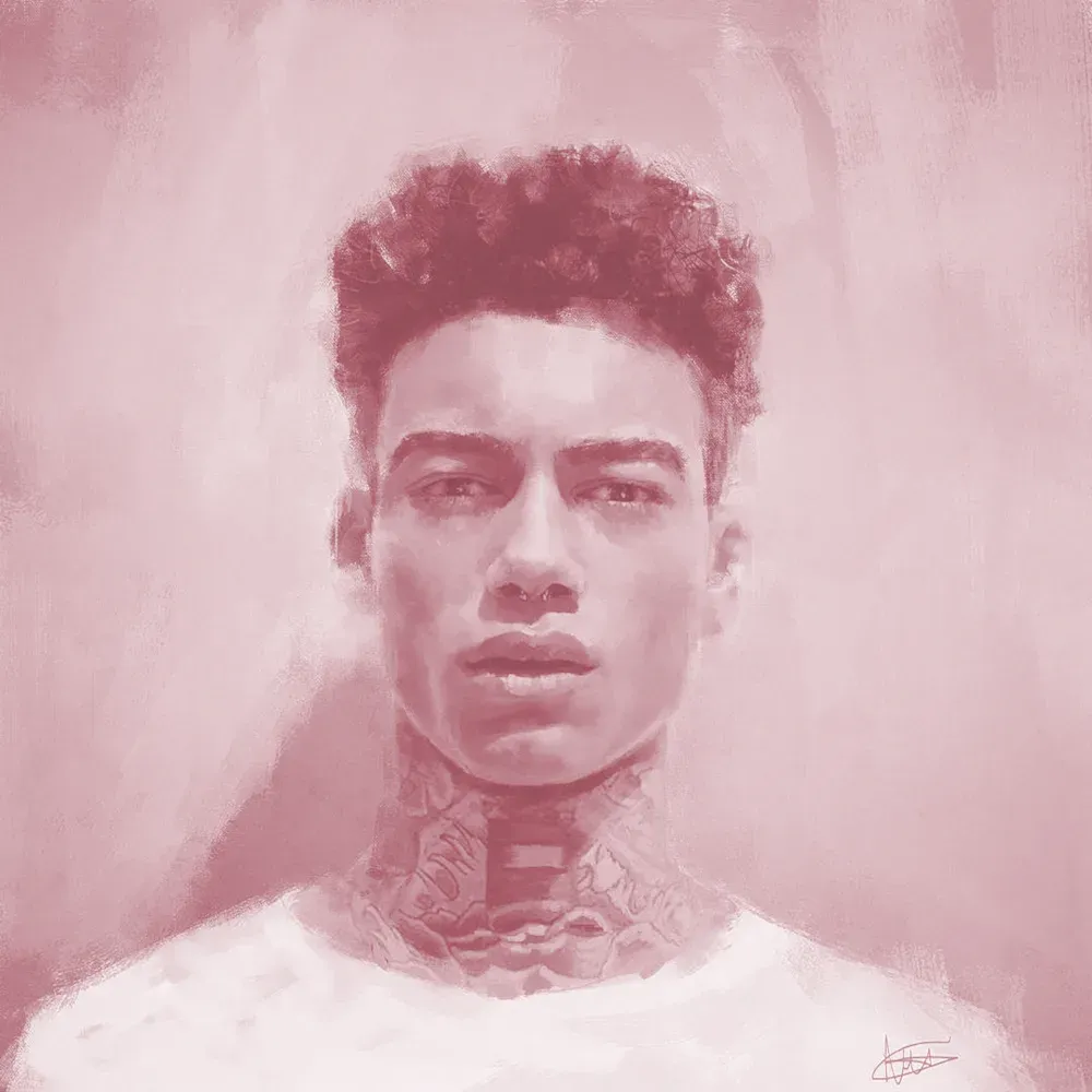 Portrait d'un jeune homme de couleur, illustration par Ivana Besevic, filtre rose pastel sur l'ensemble de l'image.