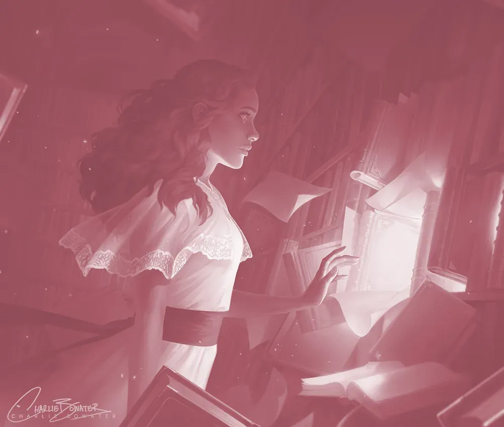 Illustration par Charlie Bowater, filtre rose pastel sur l'ensemble de l'image.