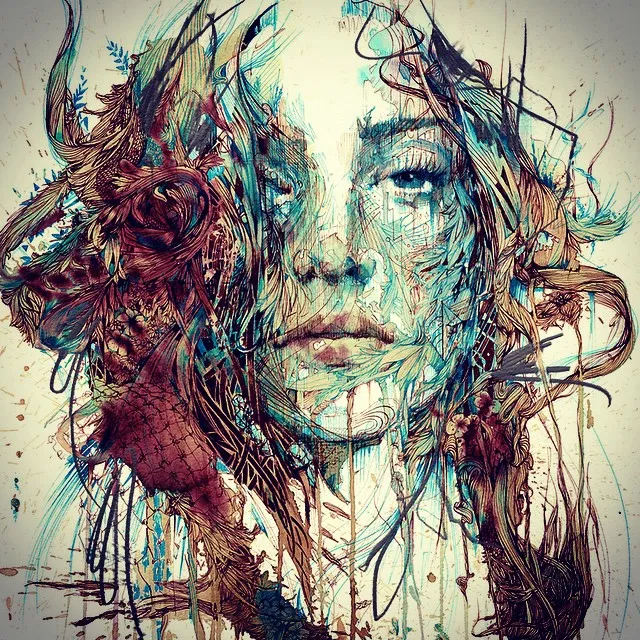 Portrait féminin, mixed media - Carne Griffiths