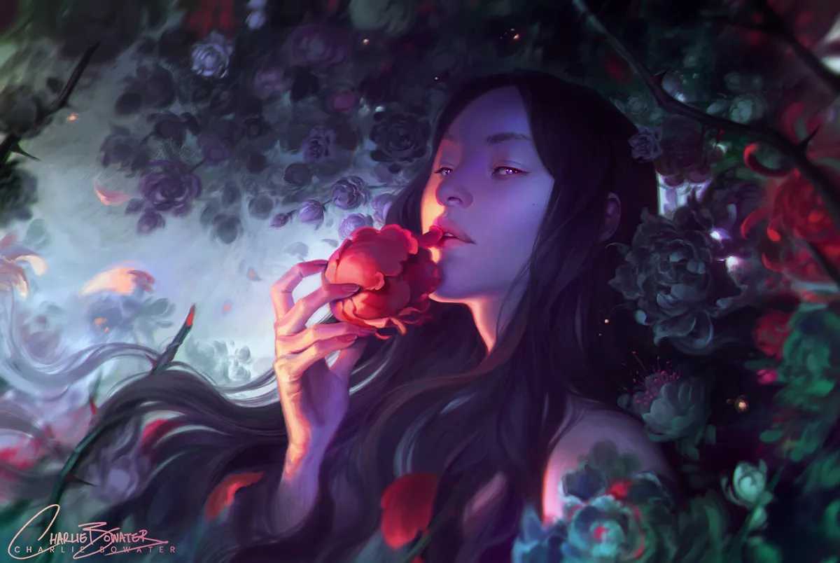 Illustration numérique d'une femme portant une fleur vermeil à sa bouche - Charlie Bowater