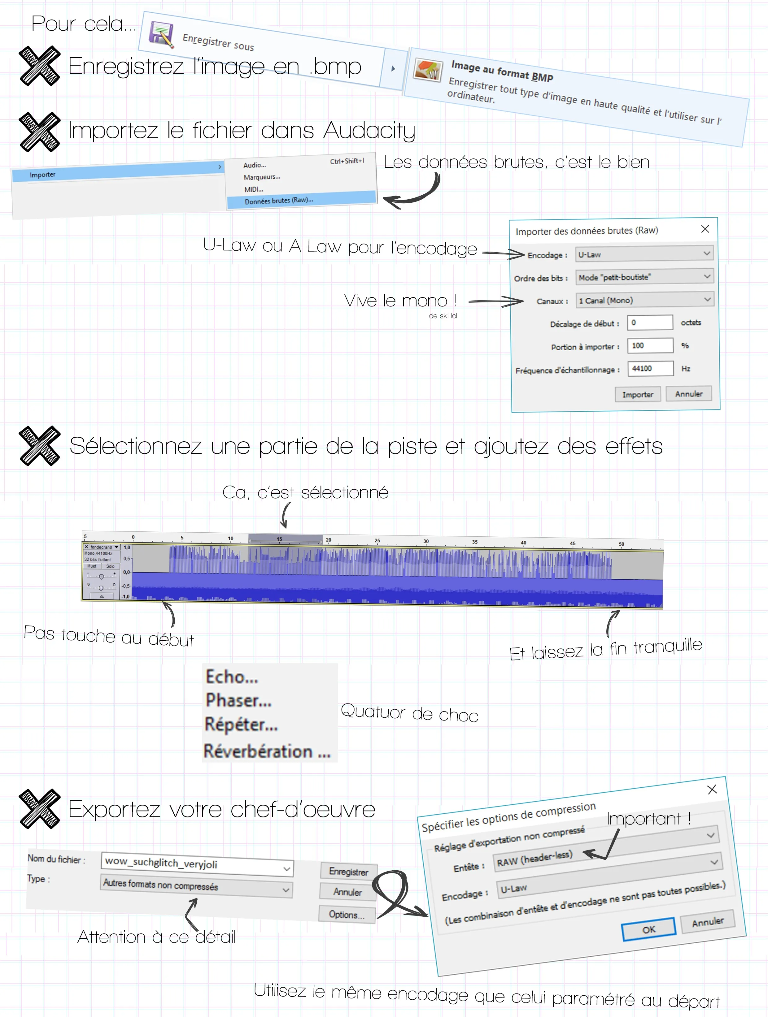 Enregistrer en .bmp / importer dans Audacity / ajouter des effets / exporter