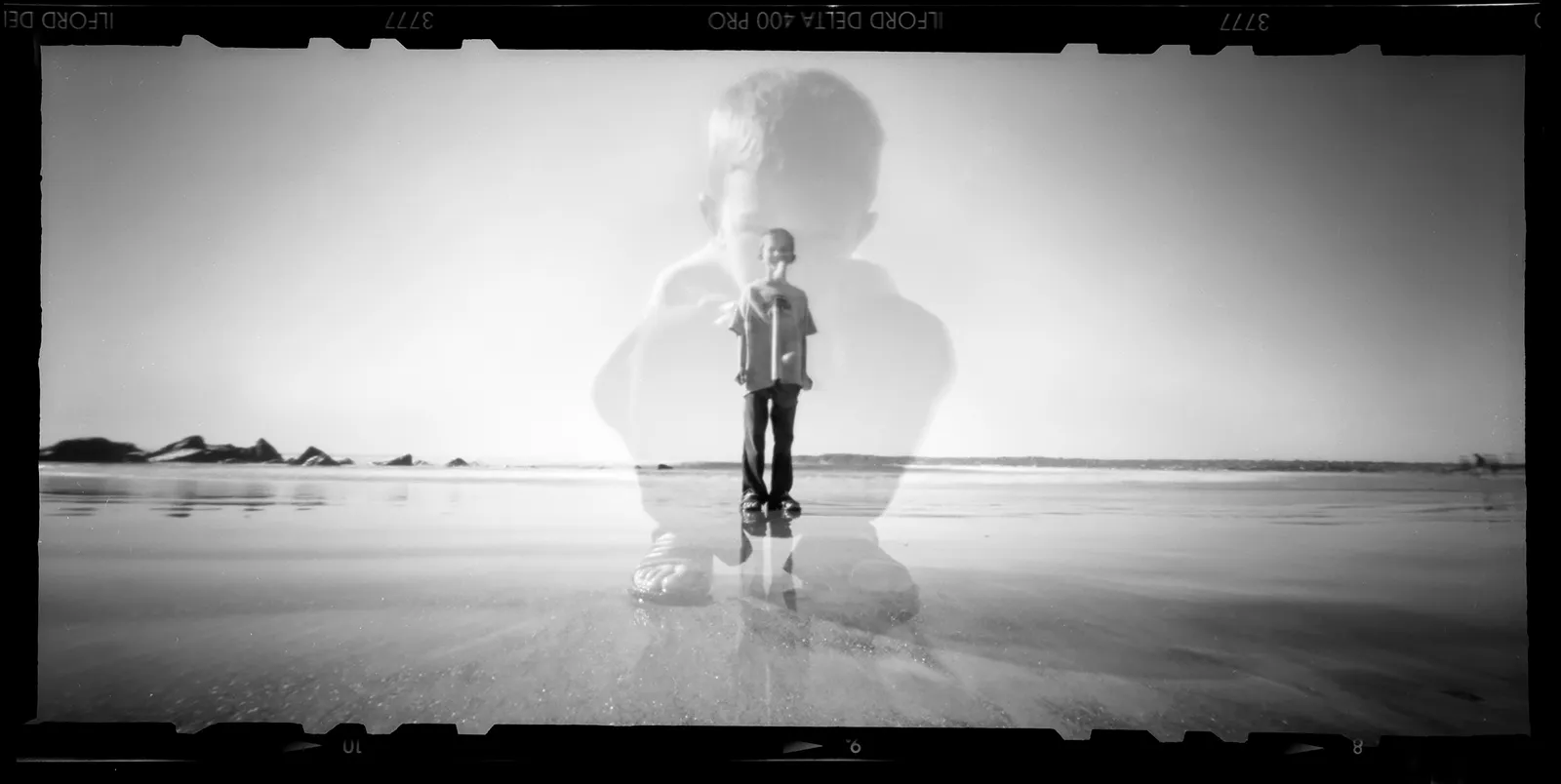 Double exposed photograph of my son on the beach in Coronado San Diego Southern California, Sténopé Chris Keeney