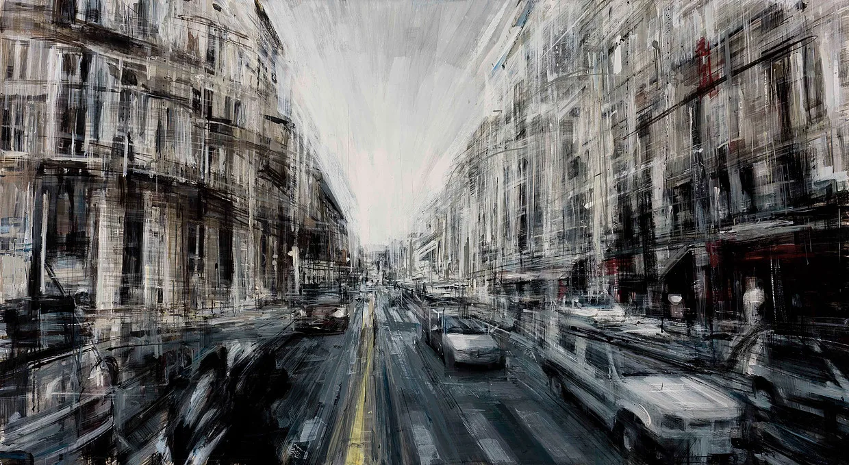 Vue d'une rue bordée de voitures, effet de vitesse - Valerio d'Ospina